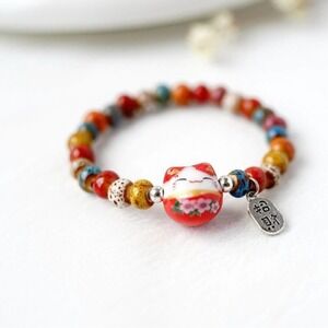 CERAMIC beaded  pudgey oriental cat and silver alloy fashion bracelet